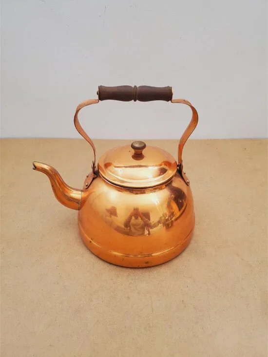 Vintage Copper Kettle with Brass & Wood Handle Antique Copper Kettle/Teapot - Picture 2 of 16